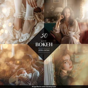 May include: A set of 50 photo overlays featuring a mix of bokeh effects. The overlays are in JPG format and are designed for screen blending mode. The image shows a variety of bokeh effects, including round, heart, and star shapes.