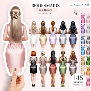 ブライズメイドのシルクドレスのクリップアート、シルクドレスを着た女性、カスタムブライズメイド、女性の肖像画クリエーター、パーソナライズされた肖像画