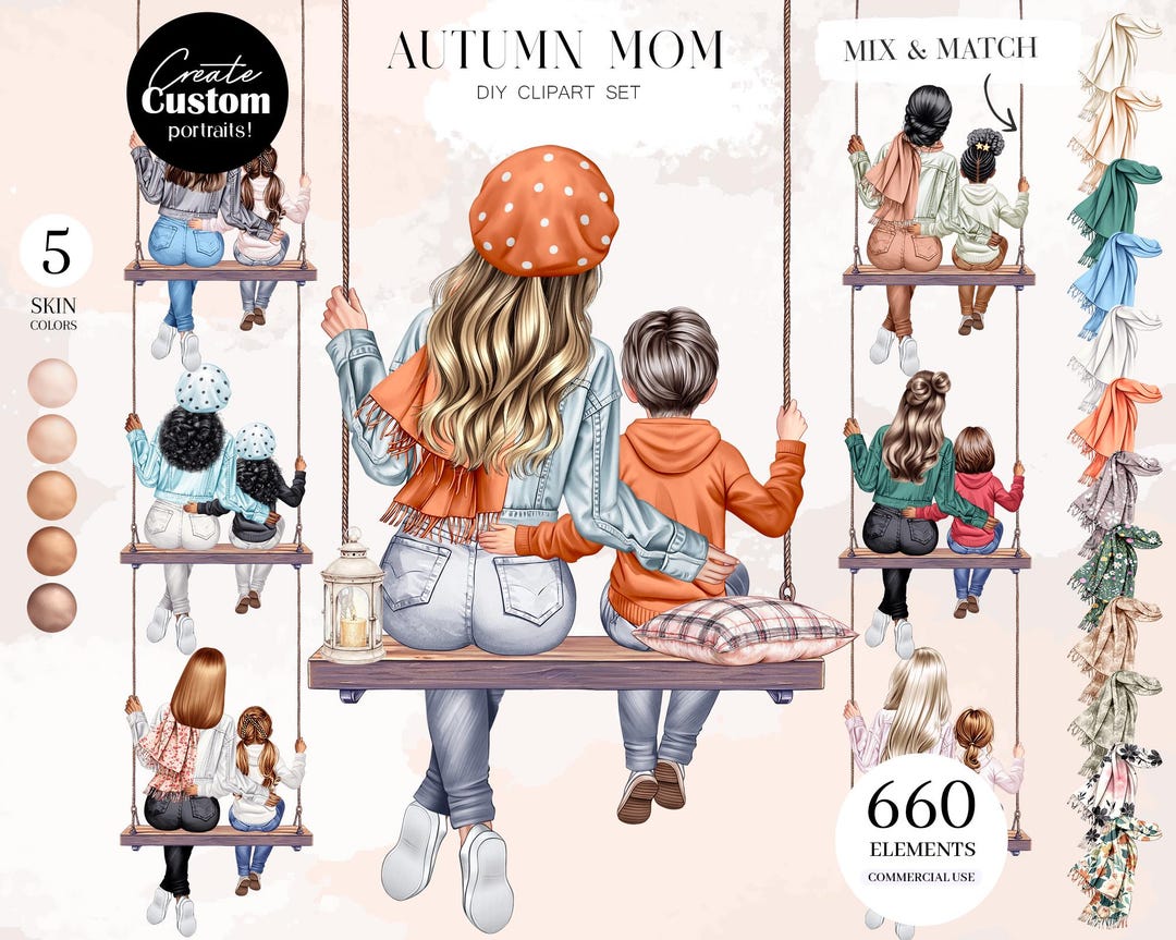 September Moms Autumn Mom Clipart Set, Personalized Portrait Creator, 660 .PNG ...