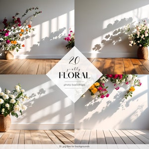 Pode incluir: 20 fundos de tela digitais para fotos com arranjos florais com flores brancas, rosas e amarelas em vasos contra uma parede branca com luz natural entrando por uma janela. Os fundos de tela são perfeitos para fotografia de produtos ou para criar uma estética bonita e natural para suas fotos.
