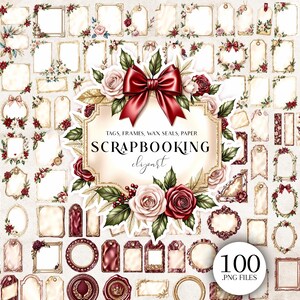 May include: A collection of scrapbook clipart elements, including tags, frames, and wax seals. The designs feature floral arrangements with red and pink roses, green leaves, and a burgundy bow. The text on the image reads "SCRAPBOOKING clipart" and "100 .PNG FILES."