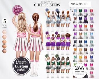 May include: Cheerleader clipart set with 266 elements, including 5 skin tones, 4 hair styles, 4 pom-poms, 10 skirt colors, and 10 top colors.  Create custom cheerleading portraits with this mix and match clipart set.