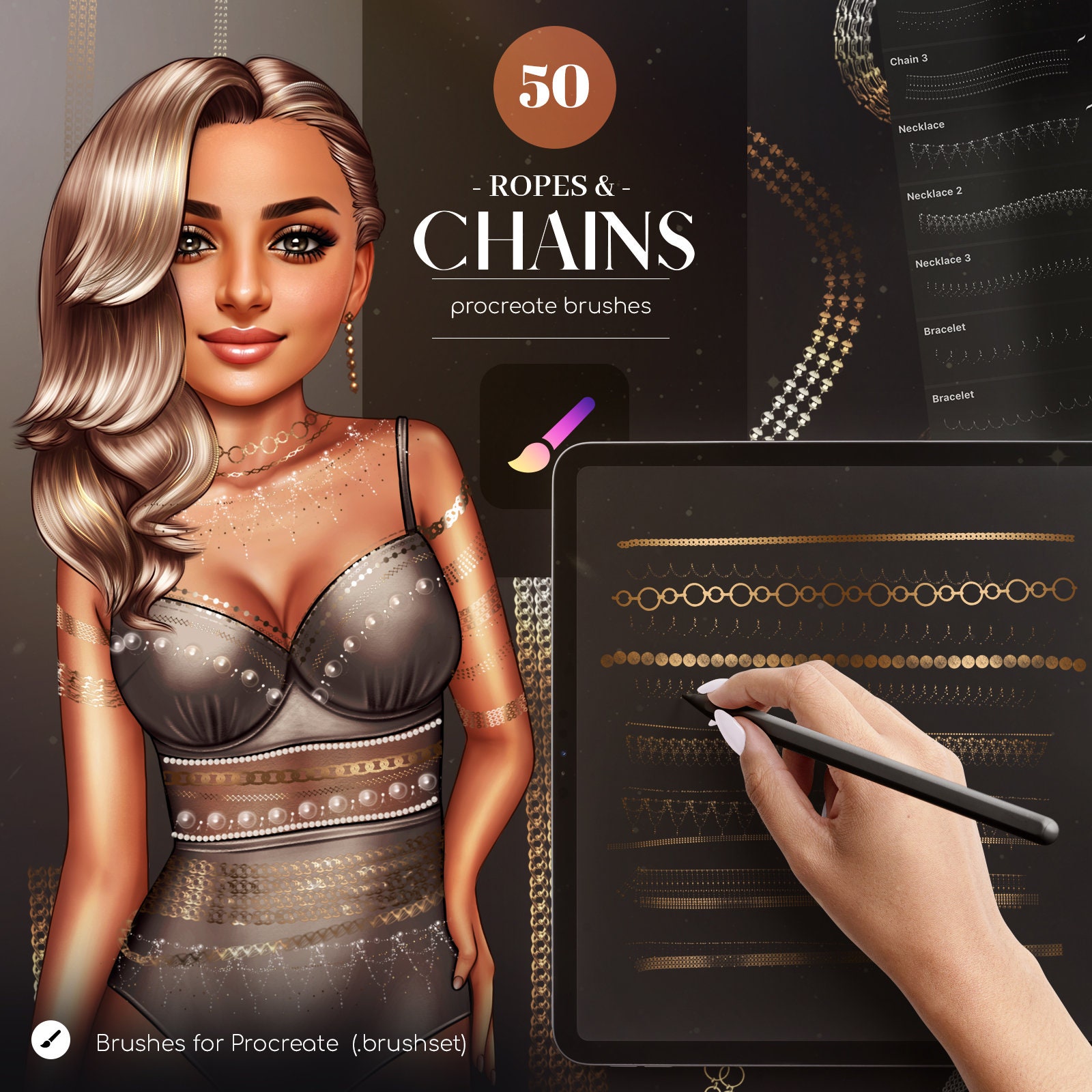 50 Pinceles de Procreate Rope & Chain | Brushset de línea de collar sin costuras para Procreate