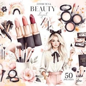 Puede incluir: Ilustración de cosméticos y productos de belleza, incluyendo labiales, brochas de maquillaje y polveras. También se representa a una mujer con cabello rubio. El texto "Cosmetics & Beauty clipart" está en la parte superior, con "50 .PNG FILES" en la parte inferior.