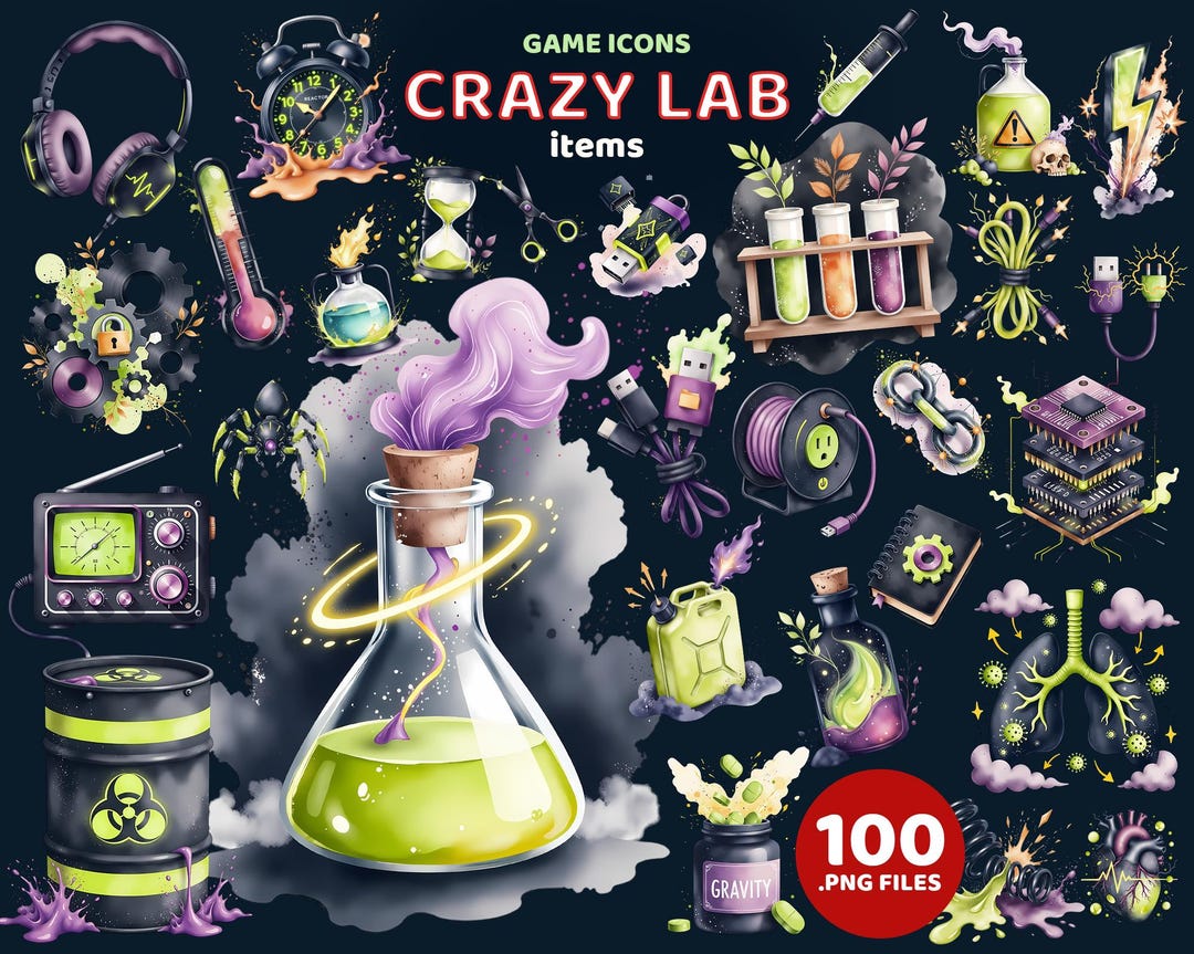 Crazy Lab Game Icons Set, Sci-fi Laboratory UI Assets, Cartoon Game ...