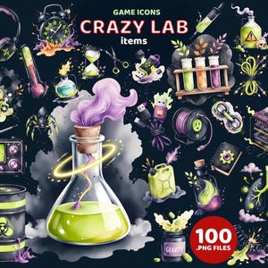 Könnte beinhalten: Eine Sammlung farbenfroher Spielsymbole zum Thema "Crazy Lab". Enthält verschiedene Elemente wie Bechergläser, Reagenzgläser, Uhren, Kopfhörer und einen Gefahrgutbehälter. Der Text "GAME ICONS CRAZY LAB items" und "100 .PNG FILES" ist ebenfalls enthalten.