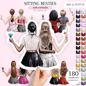 BFF Cocktail Clipart, Sitting Besties Clipart, Woman Portrait Creator, Best Friends PNG, Personalized Portrait