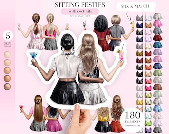 BFF Cocktail Clipart, Sitting Besties Clipart, Woman Portrait Creator, Best Friends PNG, Personalized Portrait