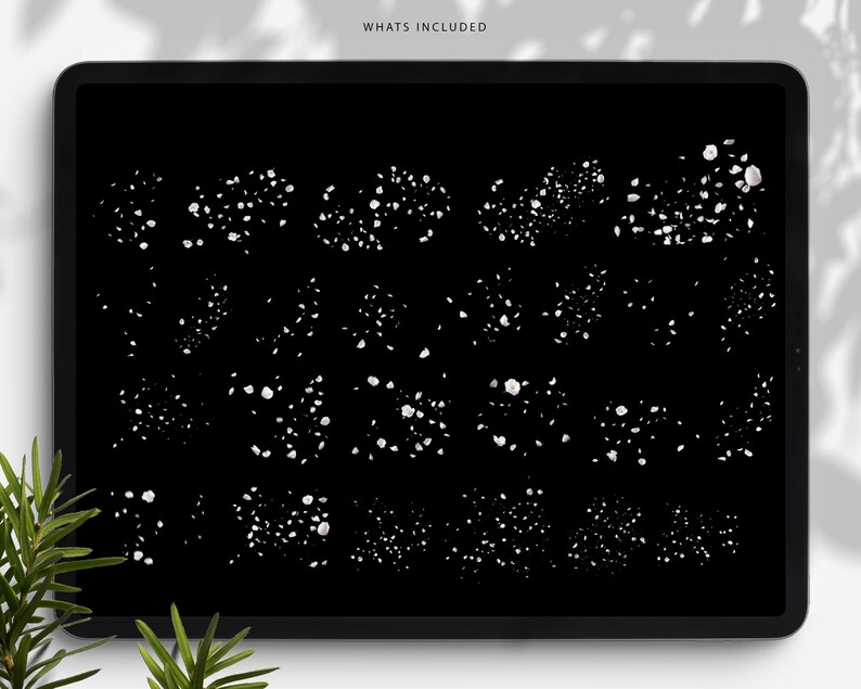 May include: A black digital tablet displays a collection of white speckled designs. The phrase "WHATS INCLUDED" is at the top. The designs are in various shapes and sizes, resembling abstract confetti or stone fragments. A sprig of green leaves is in the lower left corner.