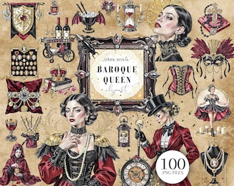 Clipart della regina barocca, moda vintage reale scura, arredamento vittoriano PNG
