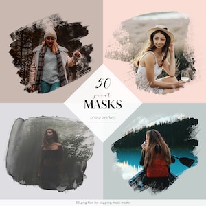 May include: Set of 50 paint brush stroke photo masks. The masks are in various colors and shapes, and can be used to create unique and artistic effects in photos.  50 .png files for clipping mask mode.