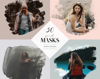 May include: Set of 50 paint brush stroke photo masks. The masks are in various colors and shapes, and can be used to create unique and artistic effects in photos.  50 .png files for clipping mask mode.