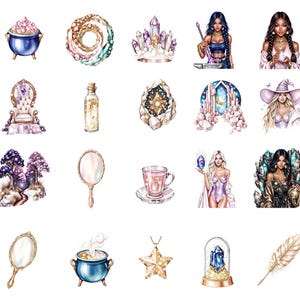 May include: A collection of watercolor illustrations featuring mystical and fantasy-themed objects and characters. Includes a blue cauldron, crystals, a throne, a mirror, a teacup, a star pendant, and depictions of women.