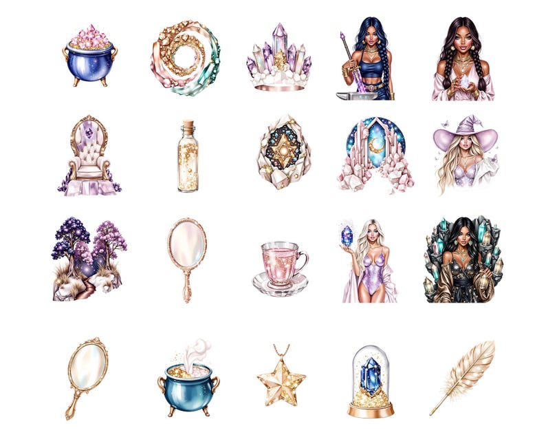 May include: A collection of watercolor illustrations featuring mystical and fantasy-themed objects and characters. Includes a blue cauldron, crystals, a throne, a mirror, a teacup, a star pendant, and depictions of women.
