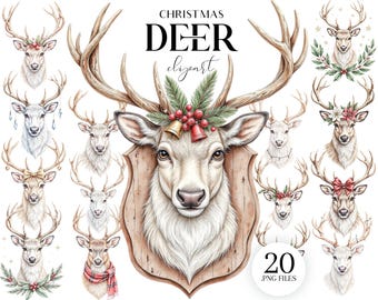 Clipart di cervi natalizi, 20 eleganti illustrazioni di renne in formato PNG, disegni di sublimazione per le feste
