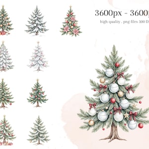 Puede incluir: Ilustraciones en acuarela de &aacute;rboles de Navidad decorados con adornos, lazos y regalos. La imagen incluye el texto "3600px - 3600px high quality . png files 300 DPI".