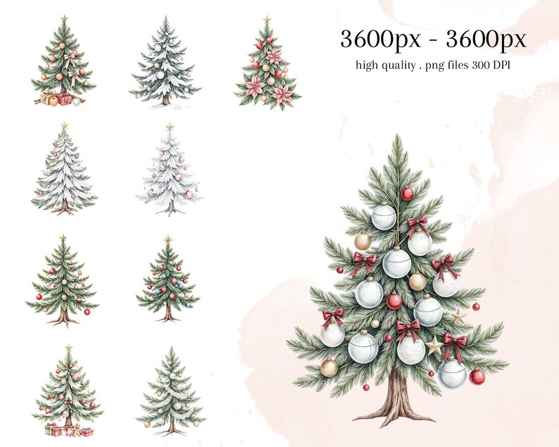 Puede incluir: Ilustraciones en acuarela de &aacute;rboles de Navidad decorados con adornos, lazos y regalos. La imagen incluye el texto "3600px - 3600px high quality . png files 300 DPI".