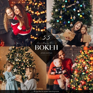 May include: A set of 55 Christmas tree bokeh photo overlays. The overlays feature a variety of colours and shapes, including red, green, yellow, and blue. The overlays are perfect for adding a festive touch to your photos.