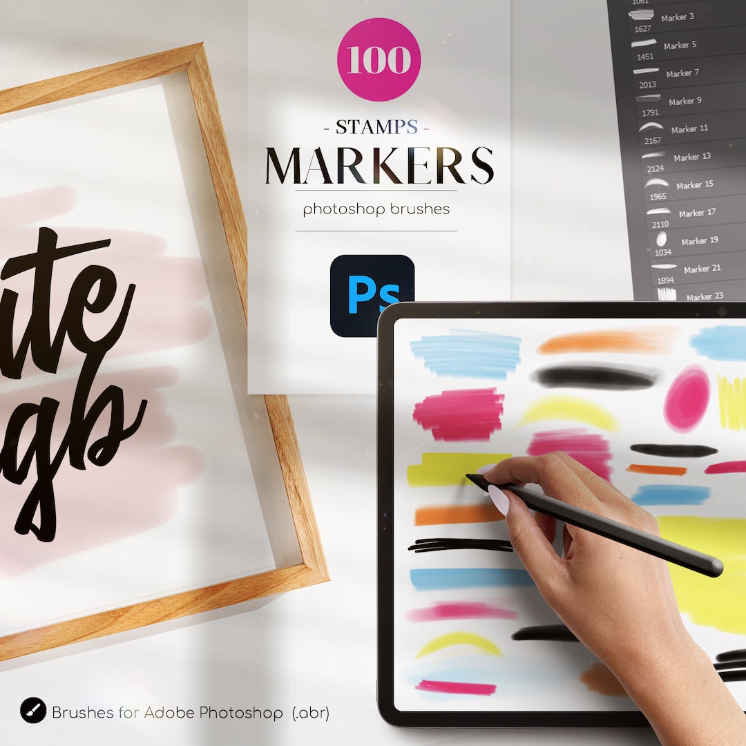 100 Markers Stamps Photoshop Brushes .ABR, Markers Brushes Addon ...