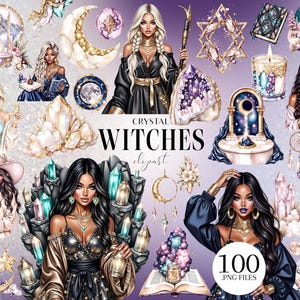 May include: A digital collage featuring illustrations of crystal witches, crystals, moons, and other mystical elements. The artwork includes various female figures, a candle, a book, and a dreamcatcher, all in a soft, pastel color palette. The text "Crystal Witches" is also present.