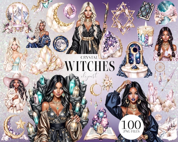 Crystal Witches Clipart Set, Mystical Witch PNG, Celestial Magic Illustrations with Crystals & Moons