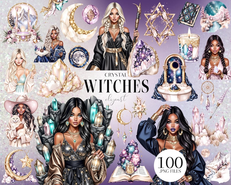 May include: A digital collage featuring illustrations of crystal witches, crystals, moons, and other mystical elements. The artwork includes various female figures, a candle, a book, and a dreamcatcher, all in a soft, pastel color palette. The text "Crystal Witches" is also present.