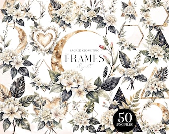 May include: A collection of watercolor floral frames and geometric shapes in shades of white, gold, and gray. The image includes crescent moons, hearts, triangles, and hexagons, all adorned with flowers and foliage. Text reads "Sacred Geometric Frames" and "50 .PNG FILES."