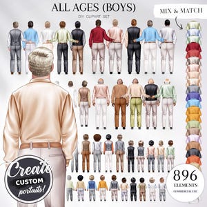 Pode incluir: Um conjunto de clipart digital de 896 meninos ilustrados de diferentes idades, com 5 tons de pele, para criar retratos personalizados. O conjunto de clipart inclui várias opções de roupas e pode ser misturado e combinado.