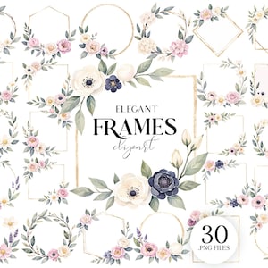 May include: A selection of watercolour floral frames in diverse shapes, such as circles, squares, and hexagons. The frames showcase pastel-coloured flowers and foliage, with gold accents. The text "ELEGANT FRAMES" and "elizart" is displayed, along with "30 .PNG FILES".