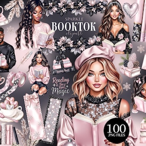 Puede incluir: Conjunto de imágenes prediseñadas digitales con ilustraciones de personas leyendo libros, cajas de regalo y elementos decorativos en tonos rosa, negro y blanco. Se incluye el texto "Sparkle Booktok" y "Reading is the real magic". El conjunto contiene 100 archivos PNG.