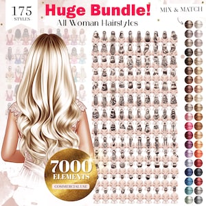 May include: A digital illustration of a woman with long blonde hair. The image includes 175 different hairstyles and 40 hair colors. The text "Huge Bundle! All Woman Hairstyles" is at the top of the image. The text "7000 Elements Commercial Use" is at the bottom of the image.