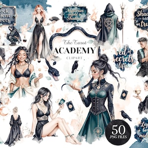 Può includere: Una collezione di clipart digitali intitolata "The Tarot Academy" con illustrazioni ad acquerello di figure mistiche, corvi ed elementi decorativi. L'opera d'arte include elementi testuali come "unlock ancient secrets" e "veil of secrets lifts".