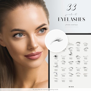 May include: A set of 33 black and white eyelash overlays for photo editing. The overlays are arranged in rows on a white background. The text "33 perfect EYELASHES photo overlays" is at the top of the image.
