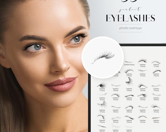 May include: A set of 33 black and white eyelash overlays for photo editing. The overlays are arranged in rows on a white background. The text "33 perfect EYELASHES photo overlays" is at the top of the image.