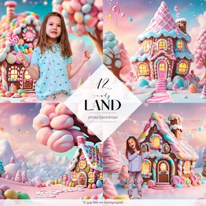 May include: 12 digital photo backdrops featuring a whimsical candy land theme. The backdrops include gingerbread houses, candy trees, and colorful candy decorations. The text "12 candy LAND photo backdrops" is displayed in the center of the image.
