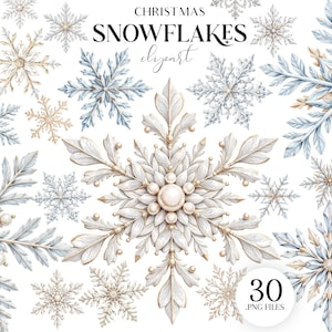 May include: A collection of watercolor snowflakes in various sizes and designs. The snowflakes feature a palette of white, gold, and blue, with intricate details and pearl accents. The text "CHRISTMAS SNOWFLAKES clipart" is at the top, and "30 .PNG FILES" is at the bottom.