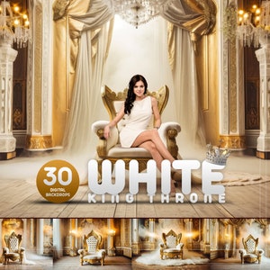 May include: A set of 30 digital backdrops featuring a white throne in a grand, gold-trimmed room with ornate chandeliers. The text "30 Digital Backdrops" and "White King Throne" is visible in the image.