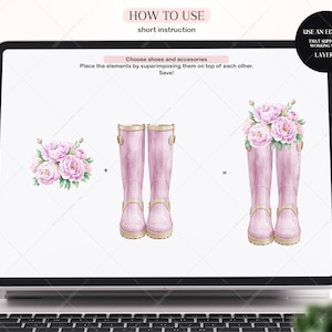 May include: A digital illustration showing how to create a design using layers in a digital design program. The image shows a pink bouquet of flowers and a pair of pink rain boots. The text on the screen says "Choose shoes and accessories" and "Place the elements by superimposing them on top of each other. Save!" The text on the right side of the screen says "Use an editor that supports working with layers."
