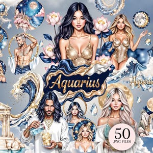 May include: Digital art featuring illustrations of people, celestial elements, and the word "Aquarius" in gold script. The artwork includes images of women and men, waves, moons, and flowers. The image is labeled with "50 .PNG FILES".