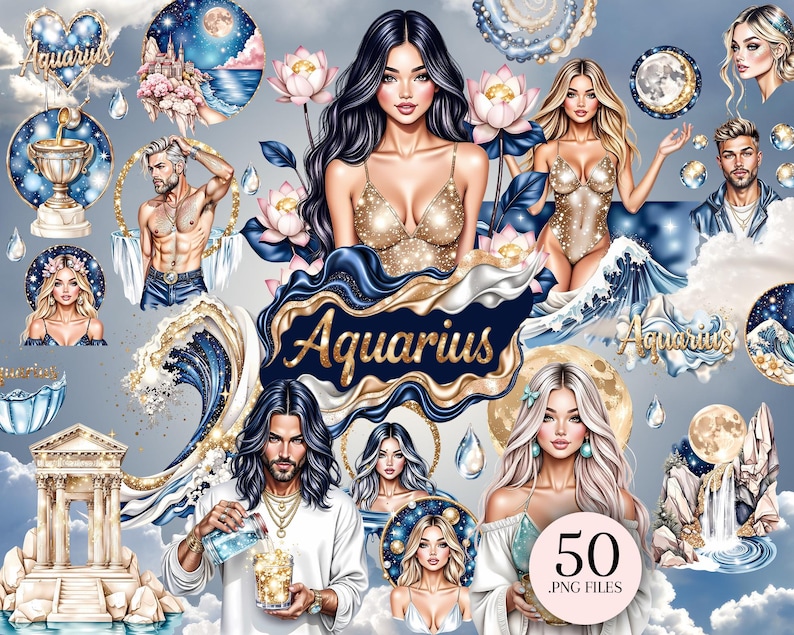 May include: Digital art featuring illustrations of people, celestial elements, and the word "Aquarius" in gold script. The artwork includes images of women and men, waves, moons, and flowers. The image is labeled with "50 .PNG FILES".
