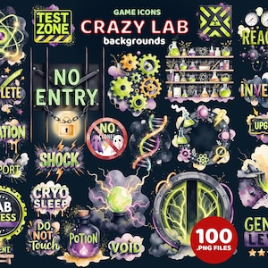 Op de afbeelding: Een verzameling kleurrijke game-iconen en achtergronden met een wetenschappelijk labthema. Bevat tekst zoals "Crazy Lab", "No Entry", "Potion" en "100 .PNG FILES". De graphics tonen bekers, tandwielen en atoom symbolen.