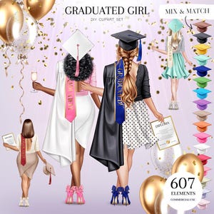 Clipart afgestudeerd meisje, afstuderen vrouw png, studenten illustraties, schoolmeisjes, petten en toga's clipart, aangepast cadeau, gepersonaliseerd portret