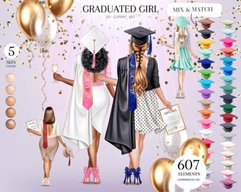 Graduate Girl Clipart, Graduation Woman PNG, Students Clip Art, Schoolgirls, Caps and Gowns Clipart, Custom Gift, Personalized Portrait