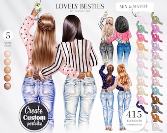 Lovely Besties Clipart, Cheers Clipart, Party Besties Clip Art, Girls Portrait Creator, Best Friends PNG, Personalized Portrait, Custom Art