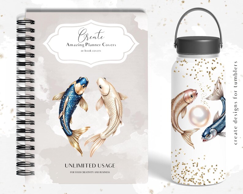 Pisces Zodiac Clipart Bundle, Celestial Water Sign Art, Mermaid & Fish PNG Set image 9