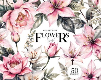 Soft Pink Floral Clipart Set, Abstract Pink and Gold Flowers PNG
