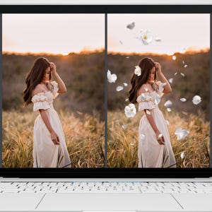 May include: A laptop screen displays a before-and-after photo comparison. The "BEFORE" image shows a person in a white dress in a field. The "AFTER" image shows the same person with added white flower petals. The text "AFTER" and "BEFORE" are vertically aligned.