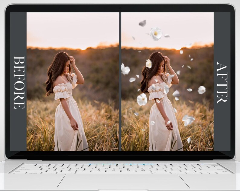 May include: A laptop screen displays a before-and-after photo comparison. The "BEFORE" image shows a person in a white dress in a field. The "AFTER" image shows the same person with added white flower petals. The text "AFTER" and "BEFORE" are vertically aligned.