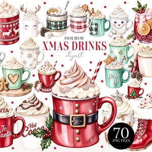 Pode incluir: Ilustração de canecas temáticas de Natal cheias de bebidas quentes e chantilly. As canecas apresentam desenhos festivos como renas, bonecos de neve e bonecos de gengibre. A imagem inclui o texto "Holiday Xmas Drinks Clipart" e "70 .PNG FILES".