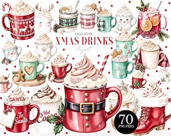 Kerstdrankjes clipartset, vakantie warme cacao png, feestelijke mok clipart voor winterstickers